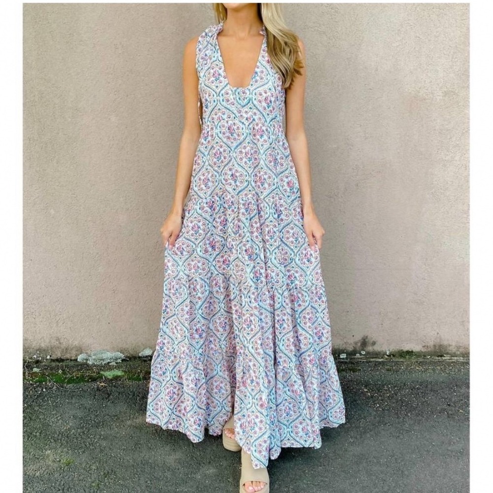 Vintage Ibiza Serena Tiered Maxi Dress Women S White Multi Floral Halter Cotton
